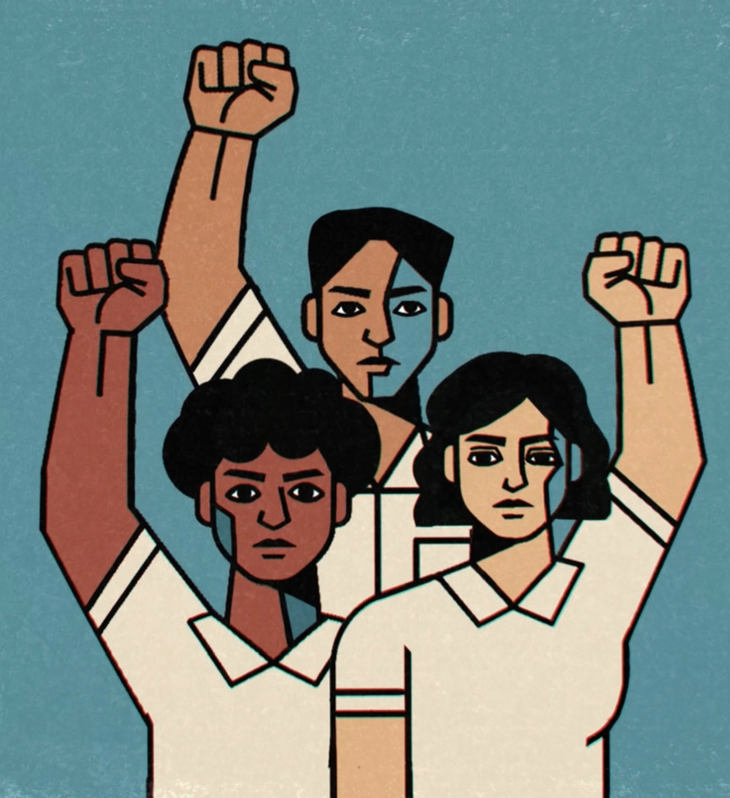 Illustration of diverse people with raised fists in solidarity